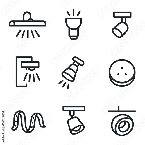 Accent Lighting Icons. Outline icon set of accent lighting: picture light, uplight, downlight, wall washer, spotlight, puck light,