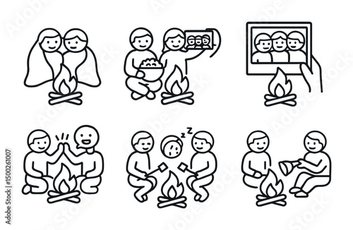 Camping and campfire outline icons set – outdoor, adventure, wilderness symbols