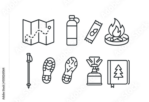 Camping and hiking outline icons set – nature, adventure, outdoor exploration symbols