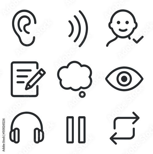 Active Listening Icons. Outline icon set of active listening techniques: ear silhouette, sound waves, nodding head, note-taking