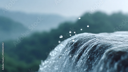 Fototapeta Naklejka Na Ścianę i Meble -  Macro shot of water cascading over rock, droplets floating in air, misty forest background. Evokes freshness, purity, and tranquility. Ideal for nature, spa, and health.