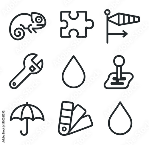 Adaptability Icon Set. Outline icon set of adaptability mechanisms: chameleon, puzzle piece, morphing shape, wind vane, adjustable