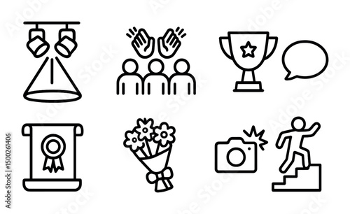 Achievement and success outline icons set – awards, celebration, motivation symbols