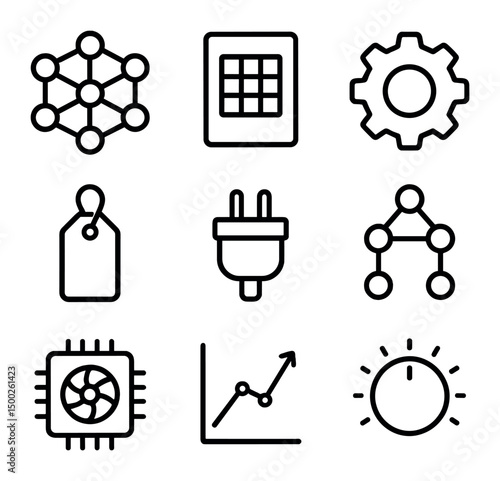 AI Icon Set. Outline icon set of machine learning and AI modules: neural network node, training dataset, algorithm gear, data