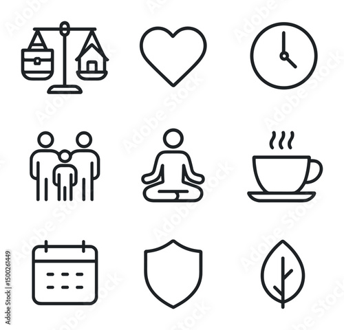 AI Balance Icons. Outline icon set of AI work–life balance advisor: scale with briefcase and home, heart, clock, family silhouette