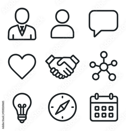 AI Mentorship Icons. Outline icon set of AI mentorship platform: mentor figure, mentee figure, speech bubble, heart, handshake,