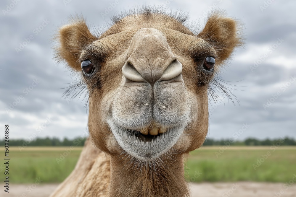 Obraz premium Close-up of smiling camel against cloudy sky