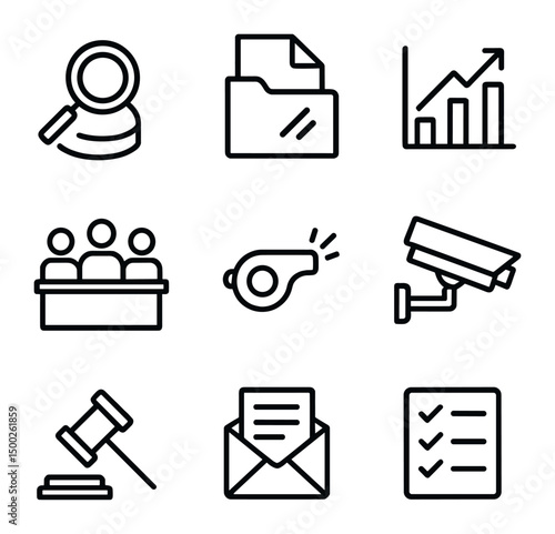 Accountability Icons Collection. Outline icon set of accountability mechanisms: audit magnifier, transparency file, performance