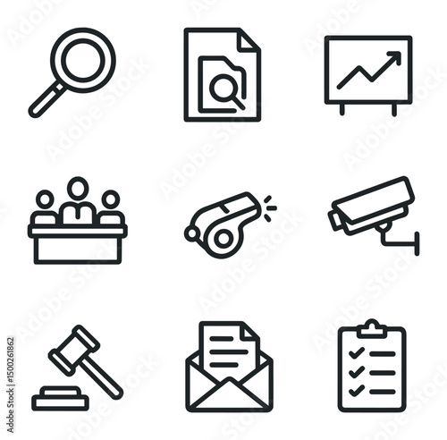 Accountability Icons Collection. Outline icon set of accountability mechanisms: audit magnifier, transparency file, performance