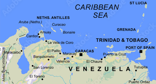 Vector geographical world map. Venezuela,
trinidad and tobago, grenada, st lucia, antilles,
caribbean sea, caracas, port of spain, aruba,
curacao, bonaire, maracay, puerto la cruz, maracaibo, tucupita