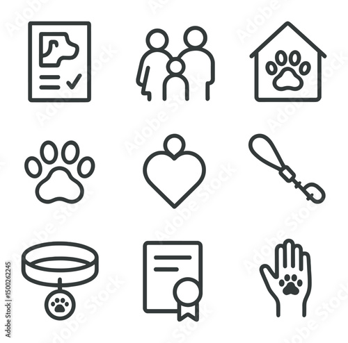 Adoption Icon Set. Outline icon set of adoption and rescue: adoption form, family silhouette, kennel badge, paw print, heart tag,