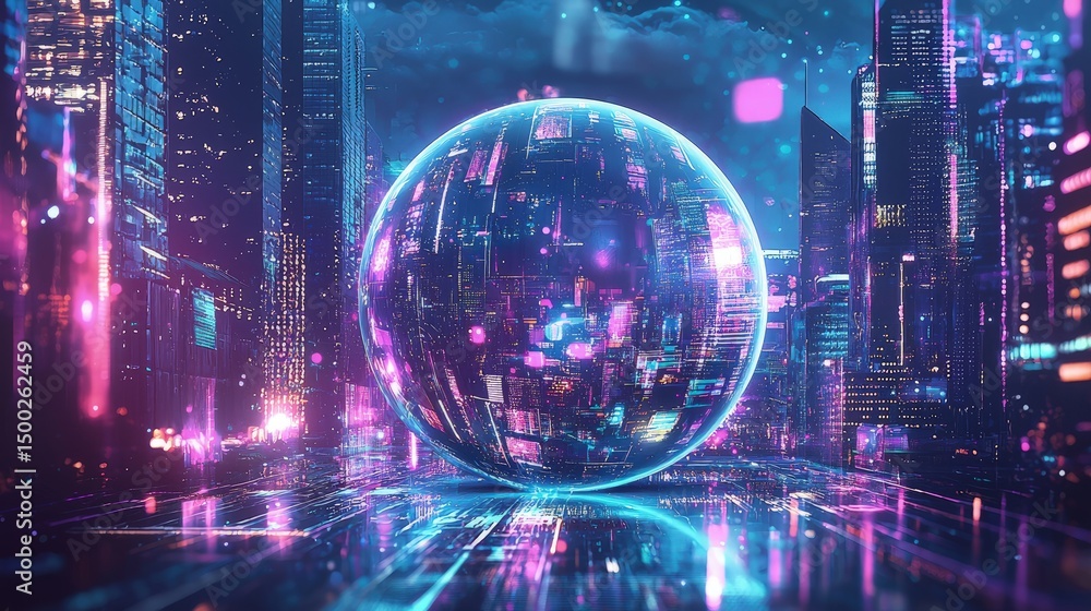 Fototapeta premium Futuristic city scene with glowing sphere.