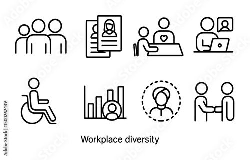 Workplace diversity outline icons set – linear, teamwork, inclusion symbols