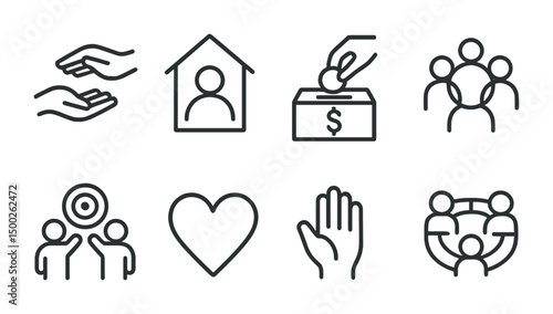Community and charity icons set – line style, volunteer and donation symbols