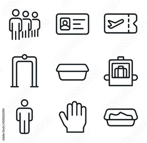 Airport Security Icons. Outline icon set of airport security screening: passenger queue, ID card, boarding pass, metal detector