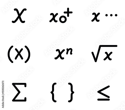 Algebra Icon Grid. Outline icon set of algebraic expressions: variable x, quadratic equation, polynomial term, factorization icon,