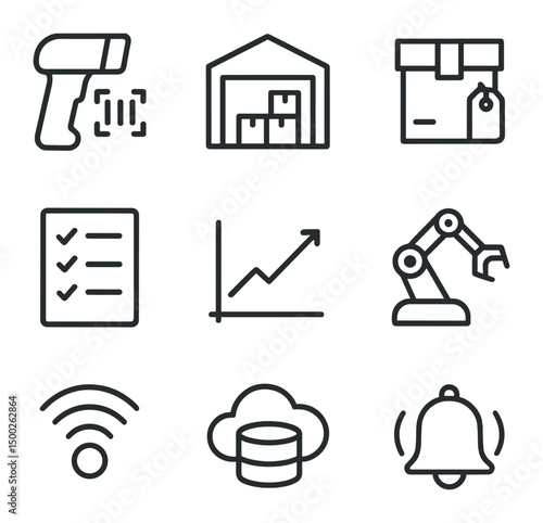 AI Inventory Icons. Outline icon set of inventory management AI: barcode scanner, warehouse, box with tag, checklist, upward graph