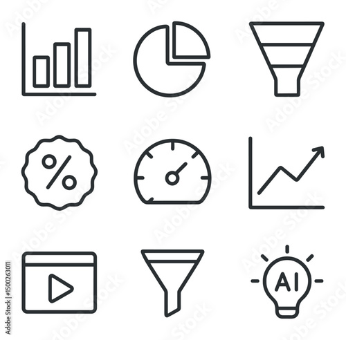 Analytical Icons Grid. Outline icon set of data-driven design analytics: bar graph, pie chart, user funnel, conversion rate badge,