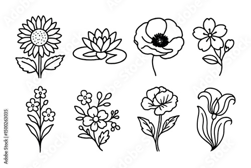Floral and botanical outline icons set – linear, plant, decorative designs
