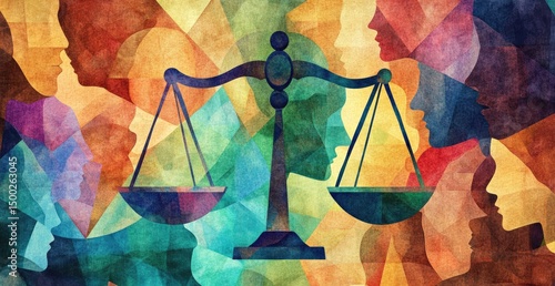Justice amidst diversity.  A scale of justice, symbolic of fairness, balanced among diverse people