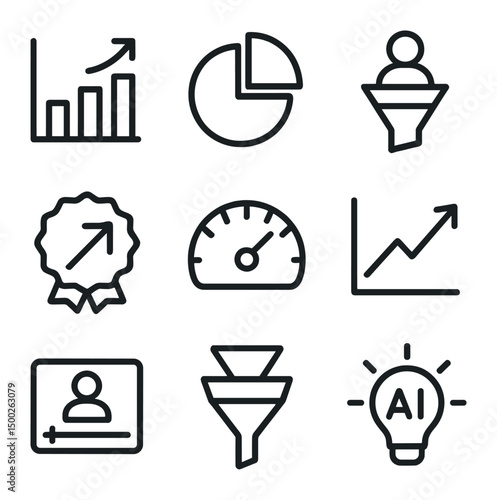 Analytical Icons Grid. Outline icon set of data-driven design analytics: bar graph, pie chart, user funnel, conversion rate badge,