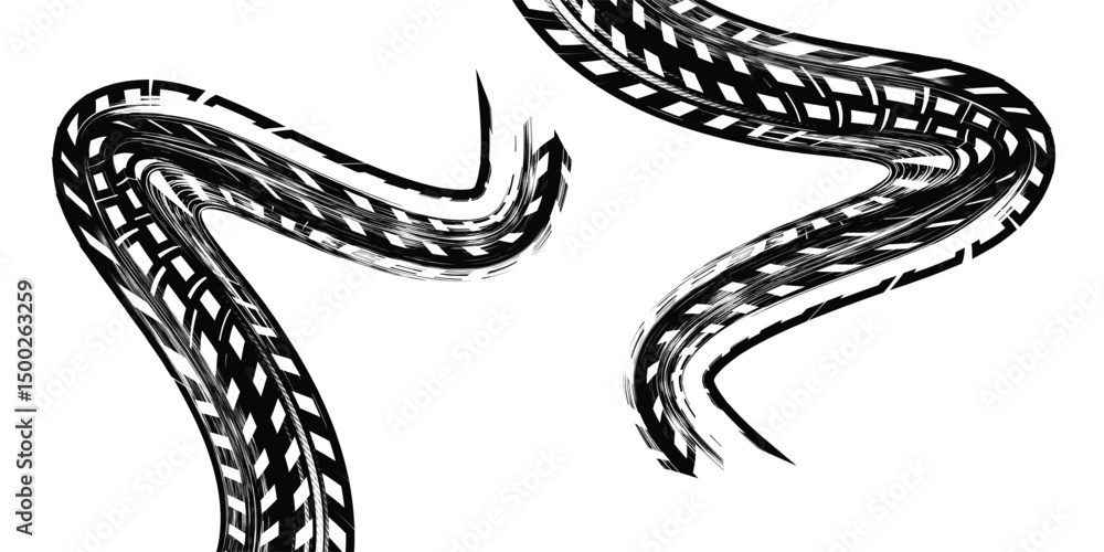 Obraz premium Tire trace track. Abstract wheels braking distances, tread silhouettes brushes. Isolated car or motorcycles vector trails