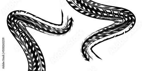 Tire trace track. Abstract wheels braking distances, tread silhouettes brushes. Isolated car or motorcycles vector trails