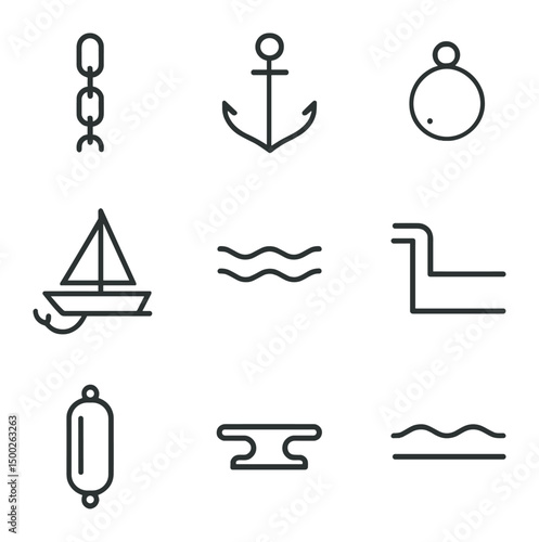 Anchored Bay Icons. Outline icon set of anchored bay sailboats: anchor chain, fluke icon, mooring buoy, anchored hull, calm water,