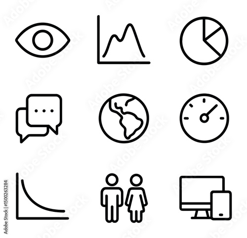 Analytics Dashboard Icons. Outline icon set of analytics dashboard: view counter, peak viewers graph, watch time chart, chat