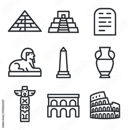 Ancient Icons Grid. Outline icon set of ancient civilizations: pyramid, ziggurat, stone tablet, sphinx statue, obelisk, amphora,