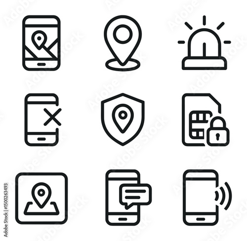 Anti-Theft Icon Set. Outline icon set of anti-theft & tracking: GPS tracker, find-my-device pin, siren alarm, remote wipe icon,