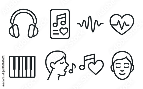Music and audio outline icons set – minimalist, line, sound and rhythm symbols