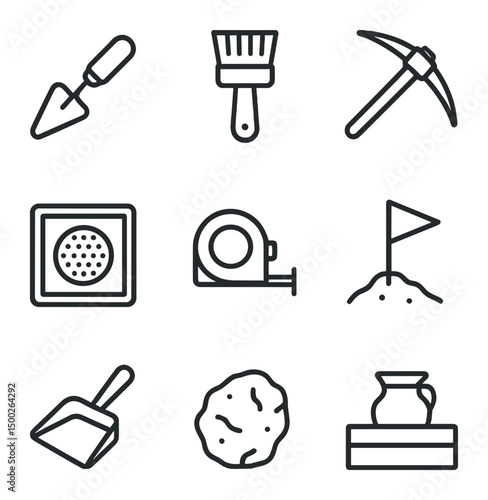 Archaeology Tools Icons. Outline icon set of archaeological excavation tools: trowel, brush, pickaxe, sieve tray, measuring tape,