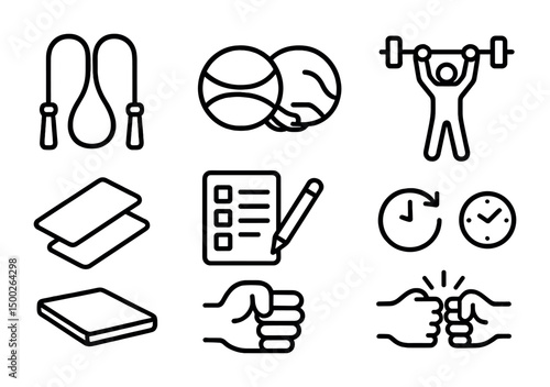 Fitness and sports outline icons set – workout, exercise, gym symbols