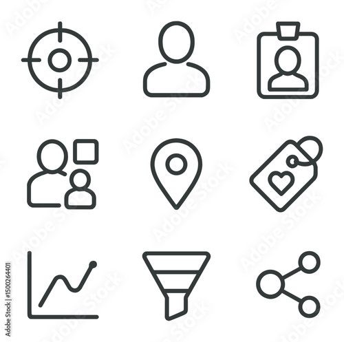 Audience Segmentation Icons. Outline icon set of audience segmentation visuals: target reticle, demographic silhouette, persona
