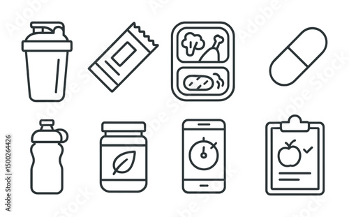 Fitness and nutrition outline icons set – health, wellness, diet symbols