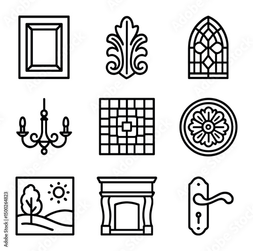 Artisan Craft Icon Set. Outline icon set of artisan craftsmanship details: custom cabinetry panel, hand-carved wood applique,