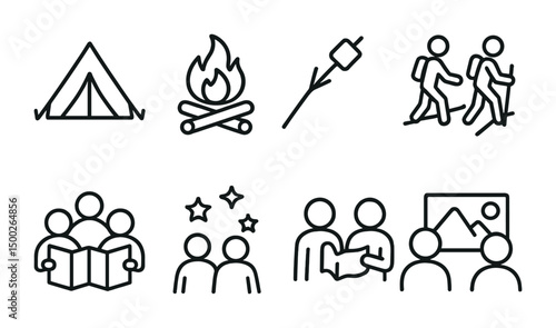 Camping outline icons set – minimalist, outdoor and adventure symbols