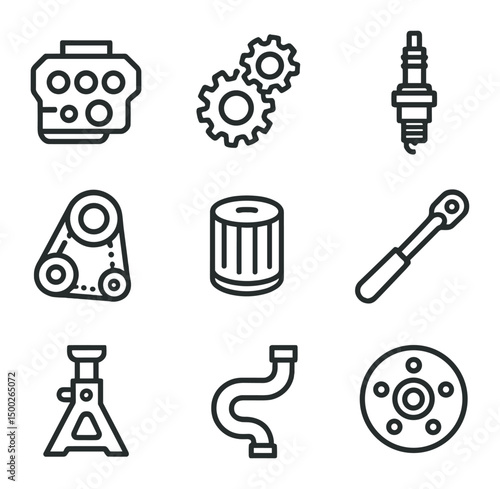 Automotive Parts Icon Set. Outline icon set of automotive parts assembly: engine block, transmission gear, spark plug, timing belt
