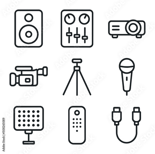 Audio Visual Icon Set. Outline icon set of audio/visual gear: PA speaker, DJ mixer, projector, video camera, tripod, microphone,