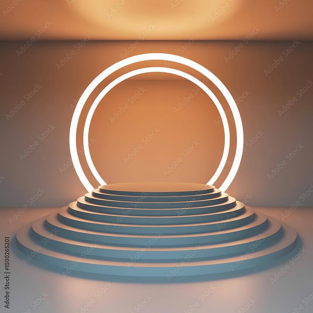 Obraz premium Elegant product display stage with illuminated circles in a peach room