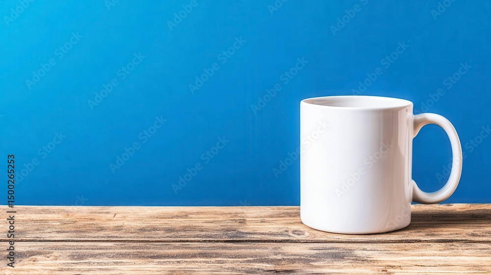 A pristine white ceramic mug sits on a rustic wooden surface against a vibrant blue background perfect for showcasing your design or on this clean and simple mockup. A pristine white ceramic mug sits on a rustic wooden surface against a vibrant blue background perfect for showcasing your design or on this clean and simple mockup.