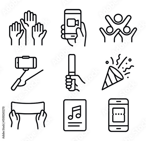Audience Engagement Icons. Outline icon set of audience engagement: raised hands, cell phone recording, crowd wave, selfie stick,