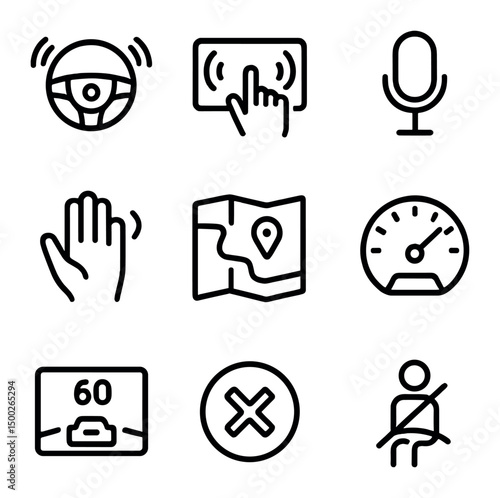 Autonomous Driving Icons. Outline icon set of autonomous driving user interface: steering wheel icon, touch display, voice command