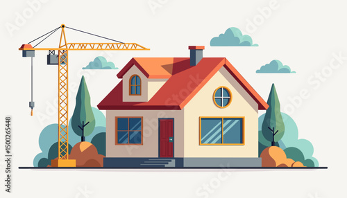 Colorful illustration of a house under construction with a crane, symbolizing development and building process