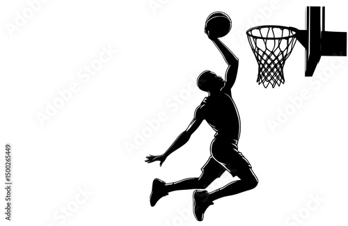 Basketball Dunk Silhouette, A silhouette of a basketball player performing a slam dunk