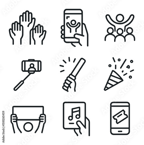 Audience Engagement Icons. Outline icon set of audience engagement: raised hands, cell phone recording, crowd wave, selfie stick,