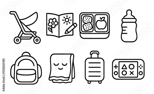 Family and baby outline icons set – linear, childcare, parenting symbols