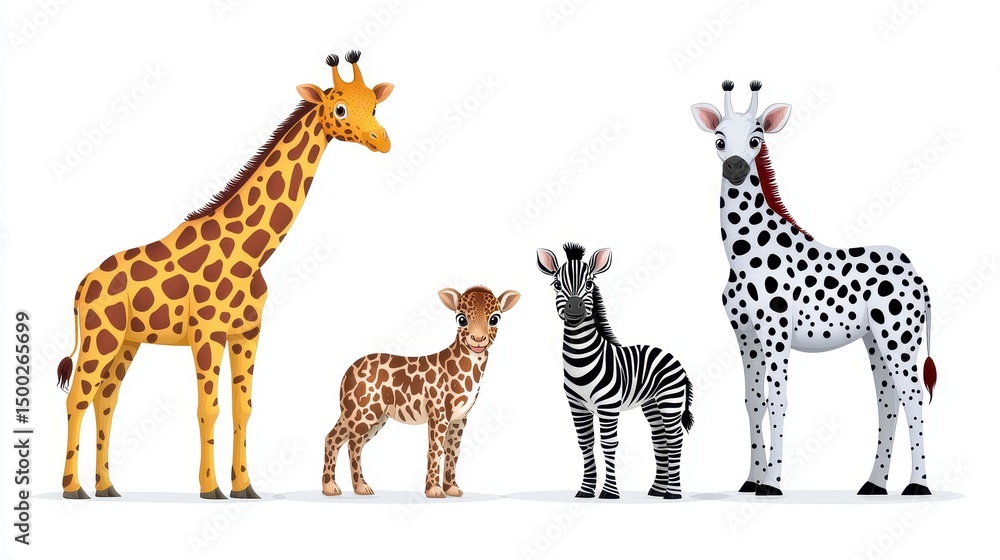 Obraz premium A charming set of realistic cartoon giraffes and a zebra calf, perfect for children's books, educational materials, or whical designs needing adorable wildlife illustrations