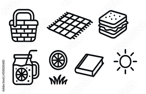 Picnic essentials outline icons set – linear, outdoor, leisure activity symbols